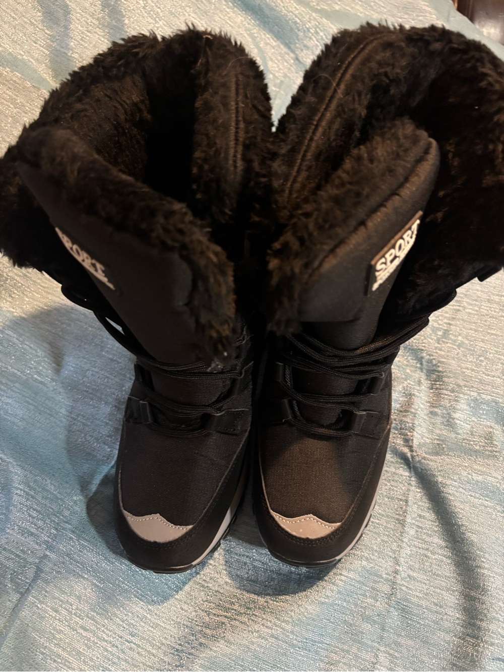 Sporto Women's Black Winter Lace-Up Fur-Trim Boots
